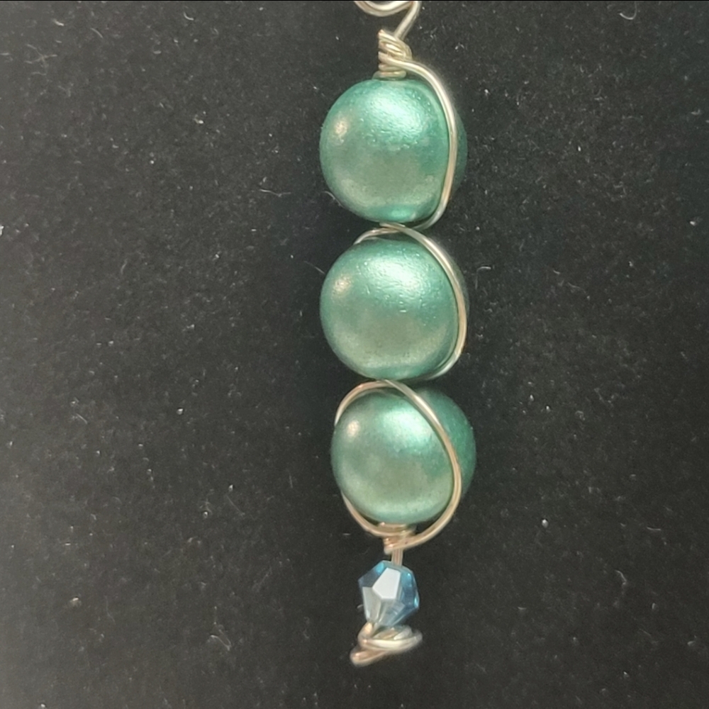 Handcrafted Silver and 3 Green Faux Pearl and Blue Bicone Earrings - Picture 4 of 6